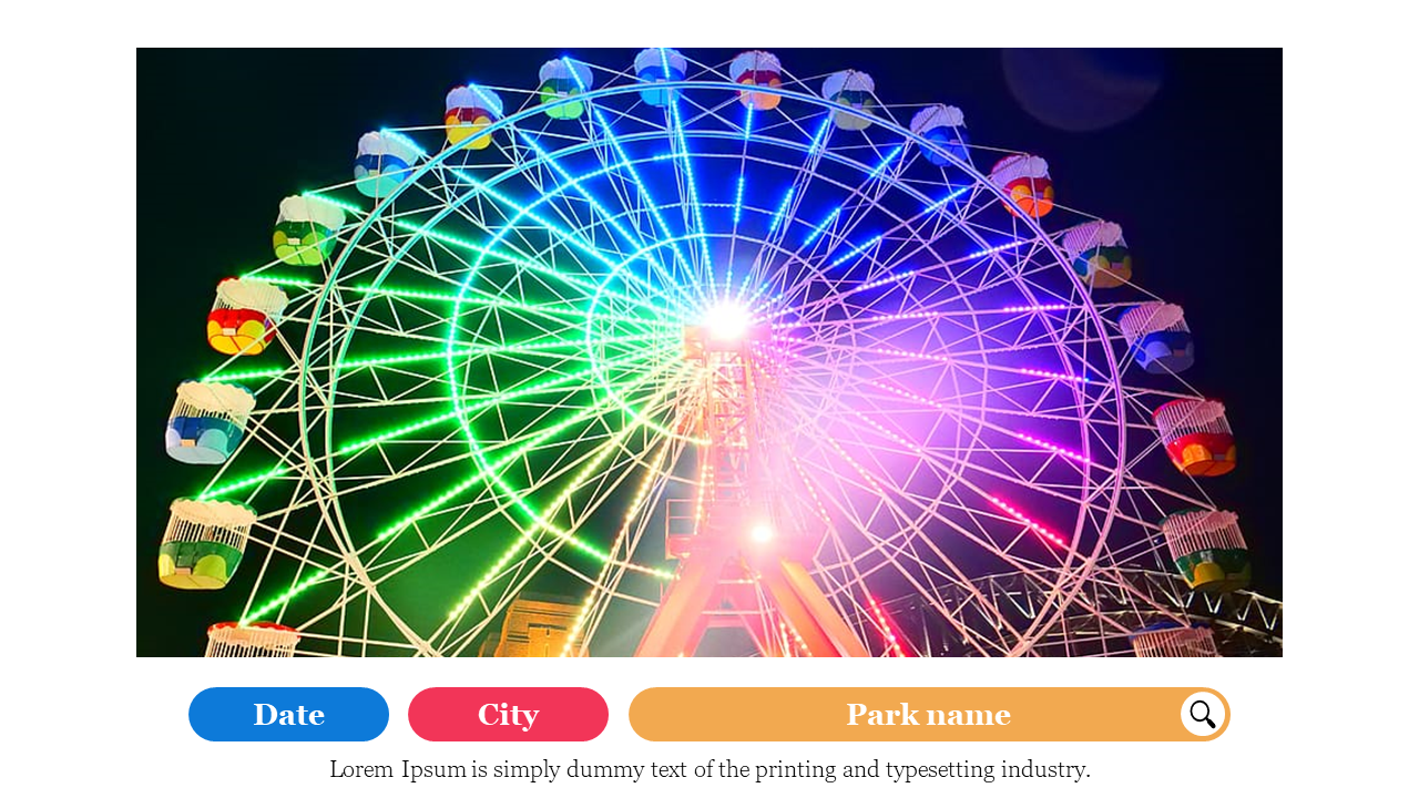 Colorful illuminated Ferris wheel with bright lights in multiple colors glowing at night on a white backdrop.