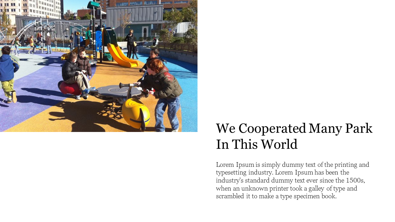 Children playing on a colorful playground, including a slide and teeter totter, in a sunny outdoor park on a white backdrop.