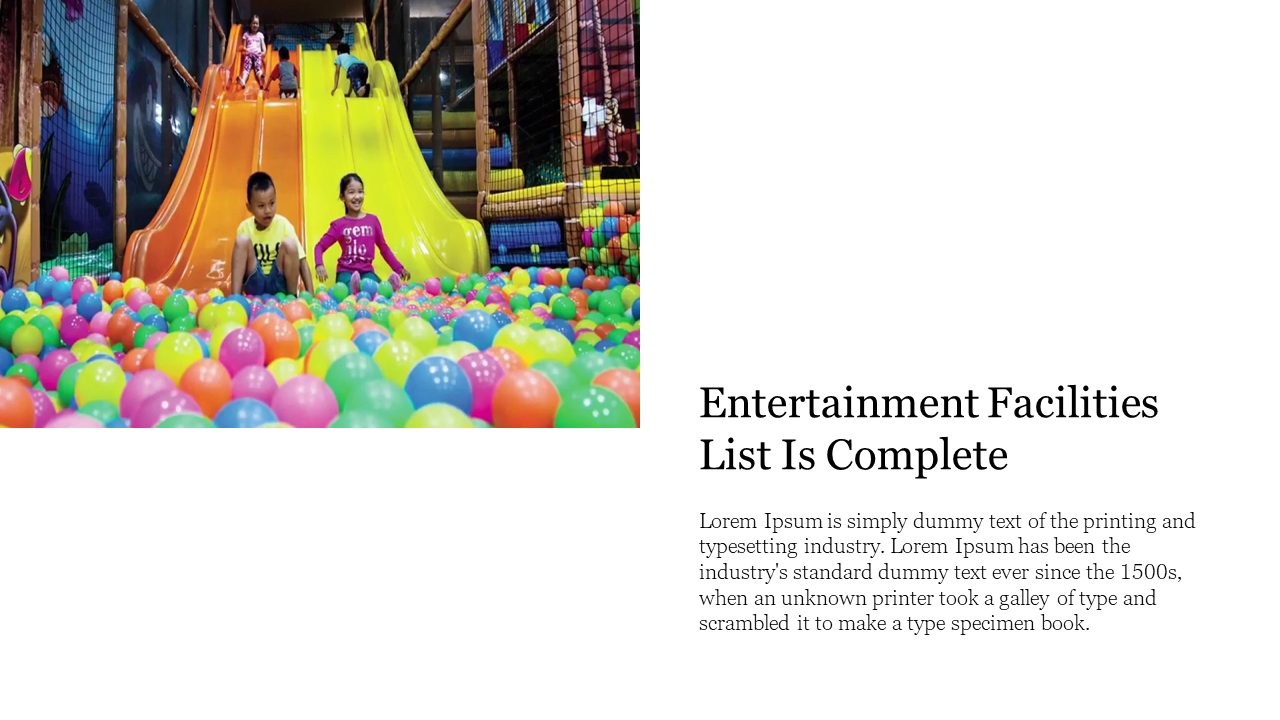 Children playing in a colorful ball pit, with two slides in the background, at an indoor playground on a white theme.