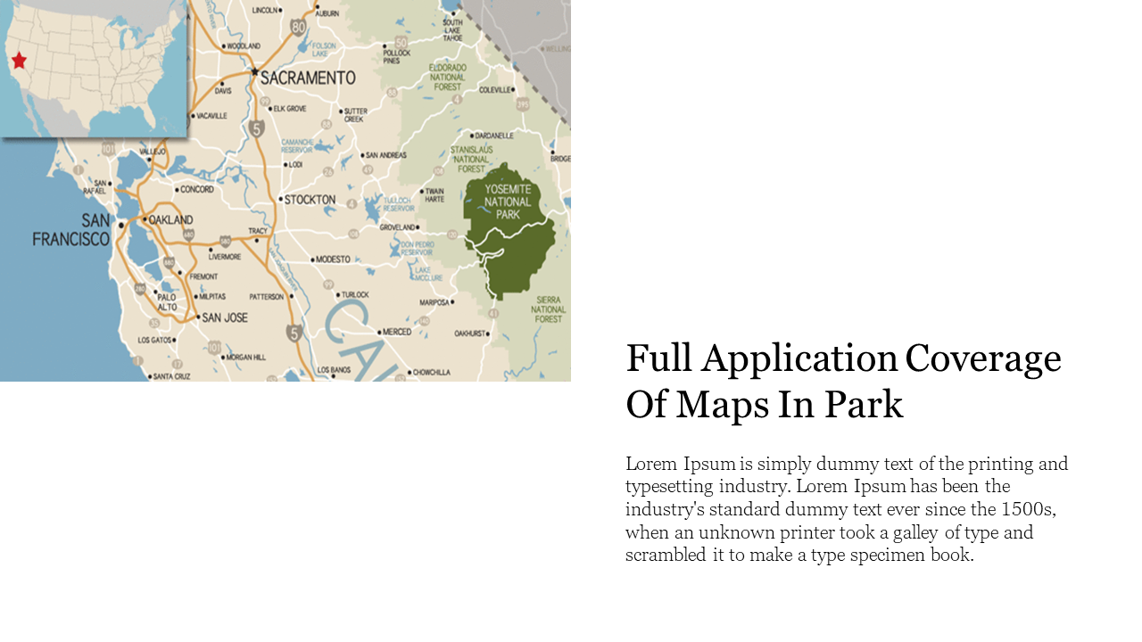 Map showing the location of Yosemite National Park in California, with an inset map highlighting its position on white theme.