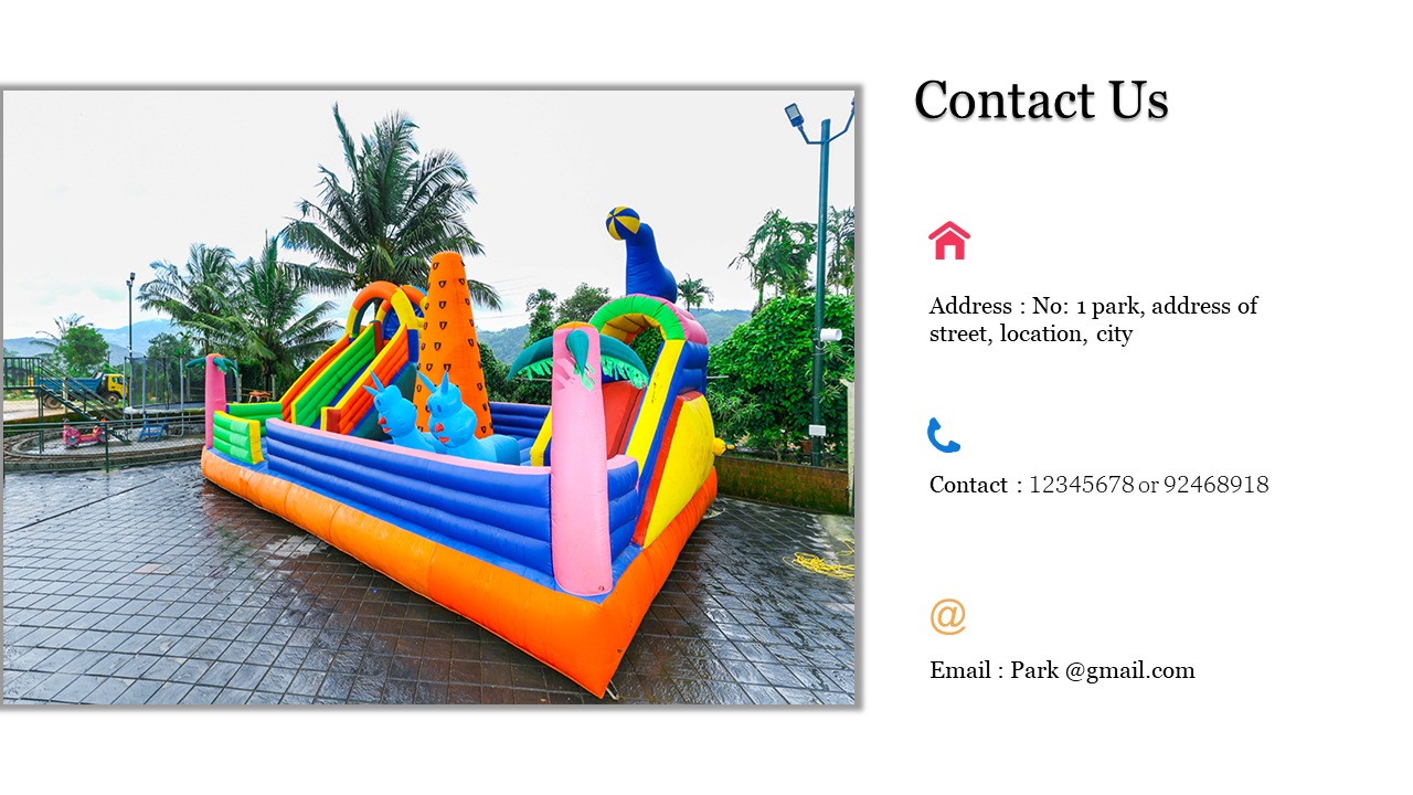 A colorful inflatable play structure in a park with contact details, including address, and email on a white backdrop.