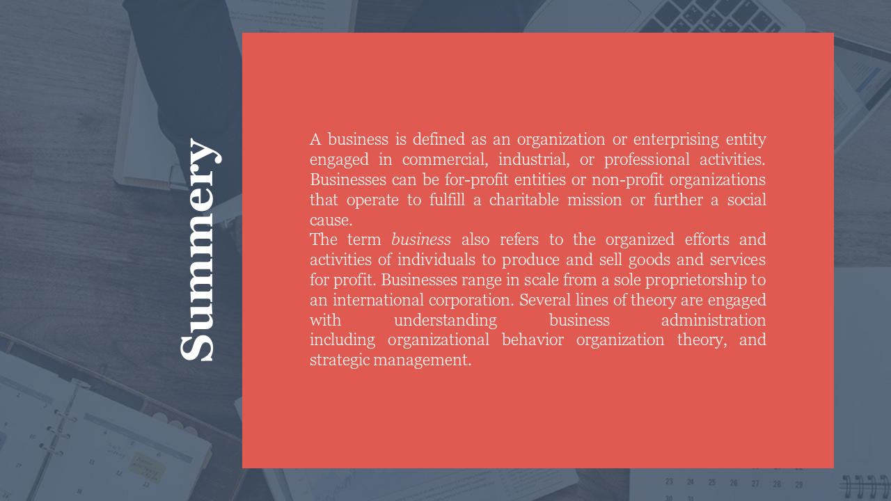 A close up image of a planner and laptop with red overlay displaying a business summary discussing the nature of businesses.
