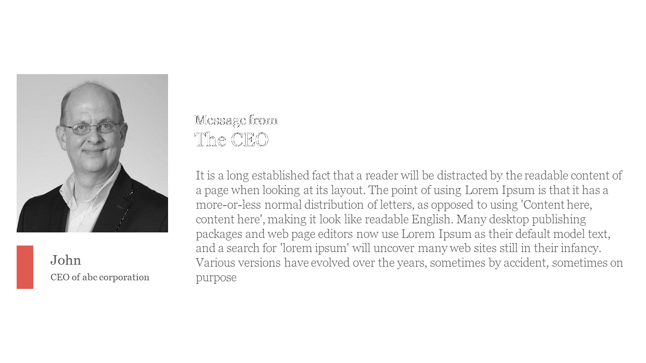 A professional message from the CEO with a portrait of John, CEO of ABC Corporation, accompanied by a summary in white theme.