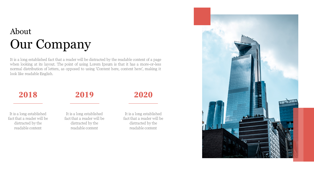 Introduction to our company slide with a timeline for 2018, 2019, and 2020, with a modern city building photo in white theme.