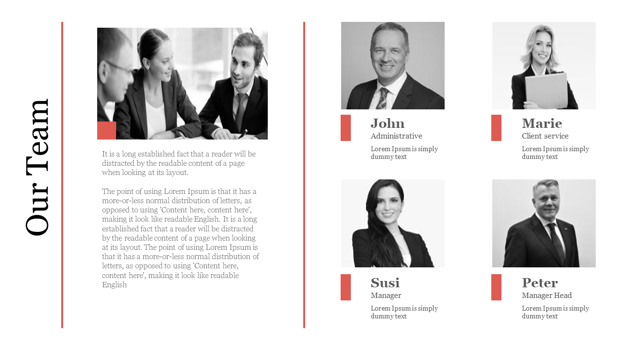 Our team page shows staff members John, Marie, Susi, and Peter, with their respective roles and professional photos.