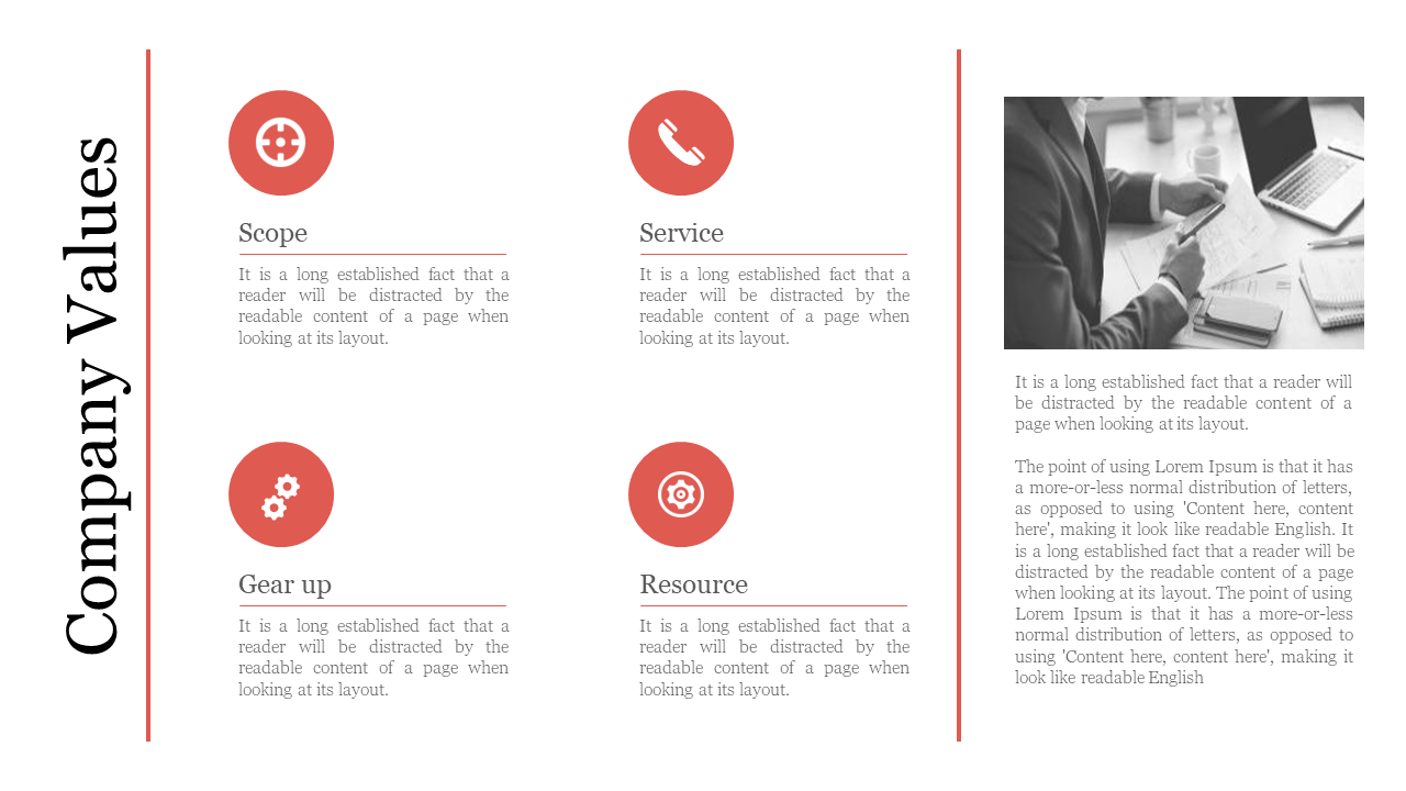 Slide showcasing company values scope, service, gear up, and resource, each with corresponding icons and descriptions.