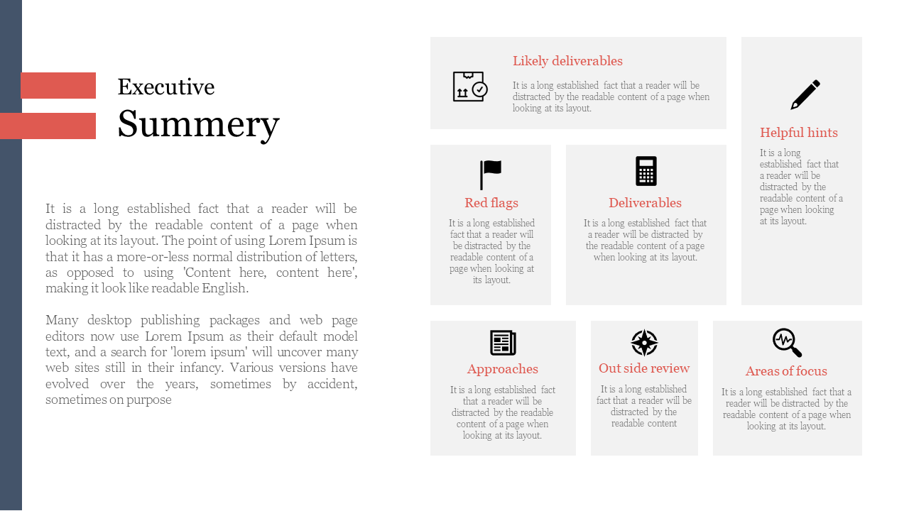 Project overview with key executive insights deliverables, red flags, and focus areas, displayed with icons and descriptions.