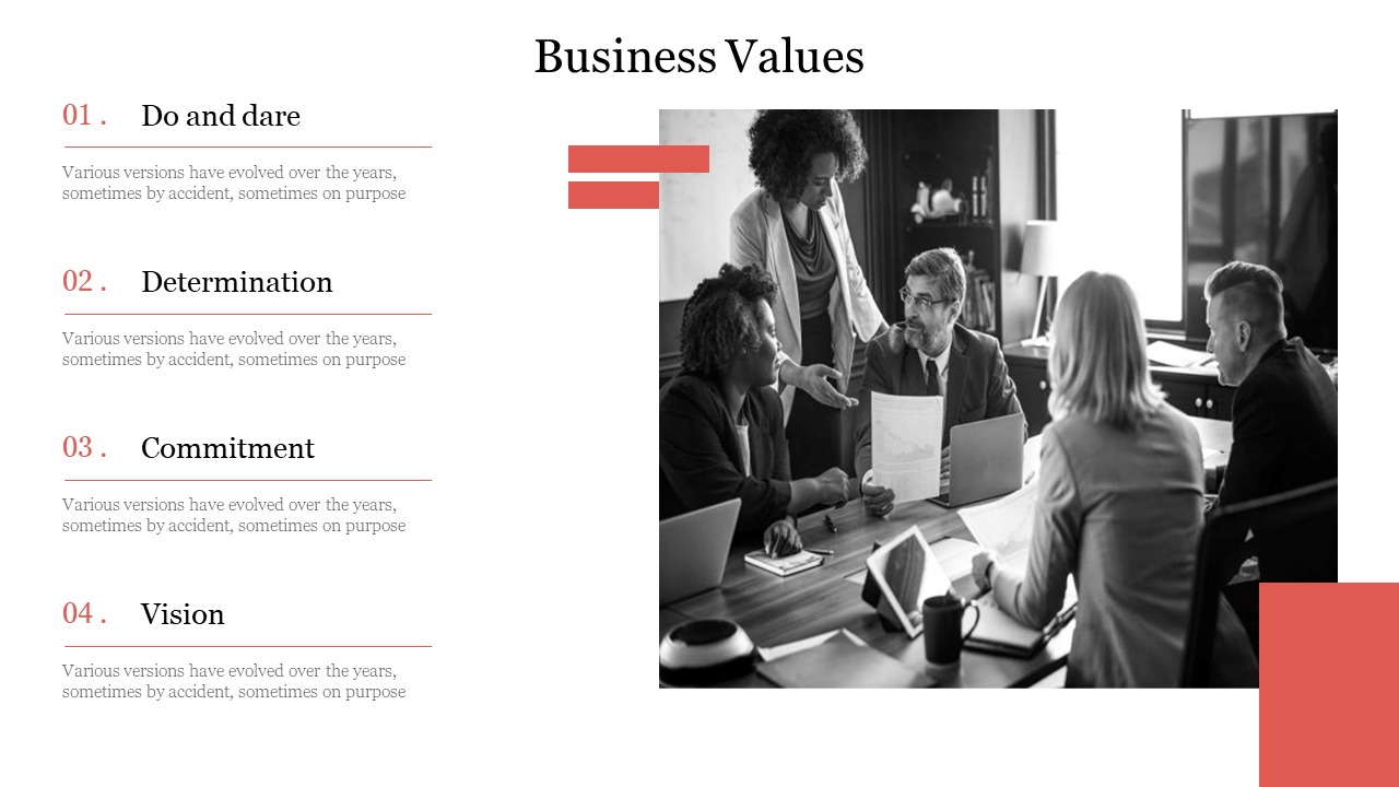Business values slide with key attributes from do and share to a vision supported by a team discussion image in white theme.