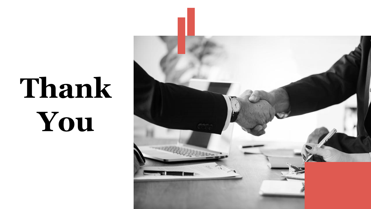 Businessmen shaking hands, with a professional setting in the background while a thank you message is displayed.
