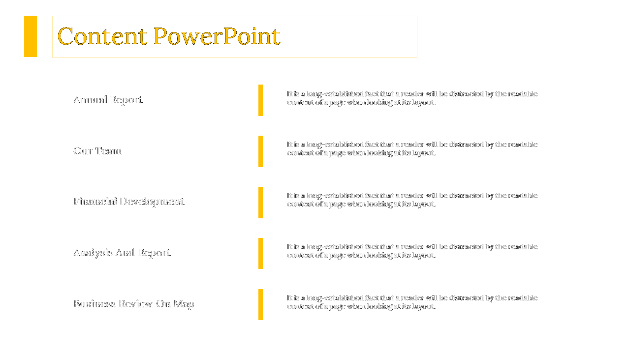 Overview slide for a PPT presentation, outlining the topics covered in the content such as Annual Report and Our Team.
