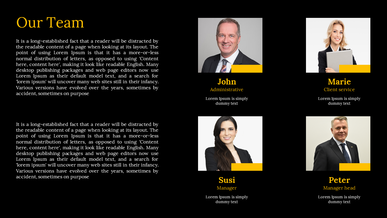 Our Team slide with portraits of John, Marie, Susi, and Peter each with their role titles on a dark backdrop.