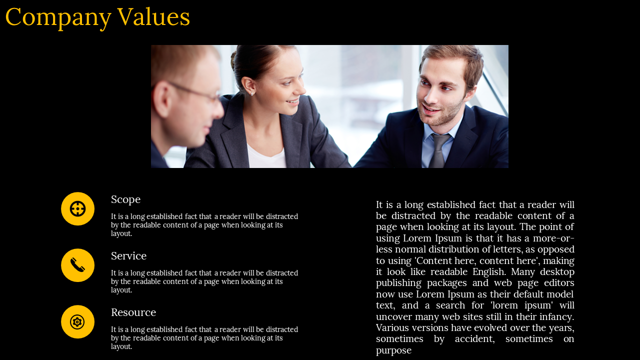 Company values slide featuring scope, service, and resource icons, along with their respective descriptions and a team image.