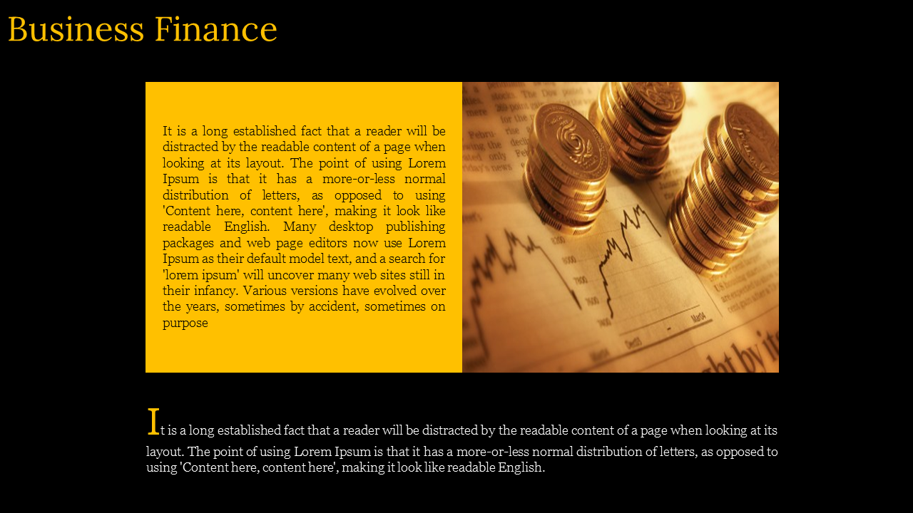 Business finance slide featuring a dark background of stacked coins and a financial graph, with placeholder text.