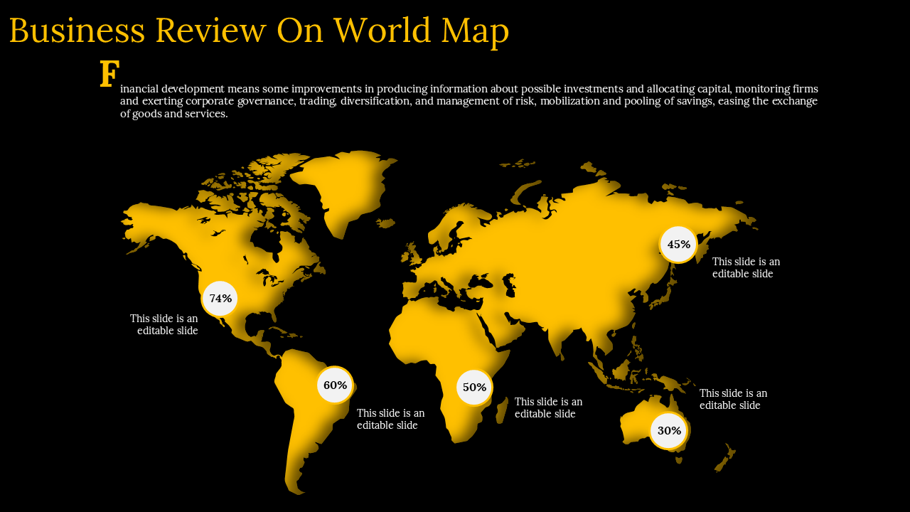 Business review yellow map with global regions highlighted, showing percentages for different areas in the black backdrop.