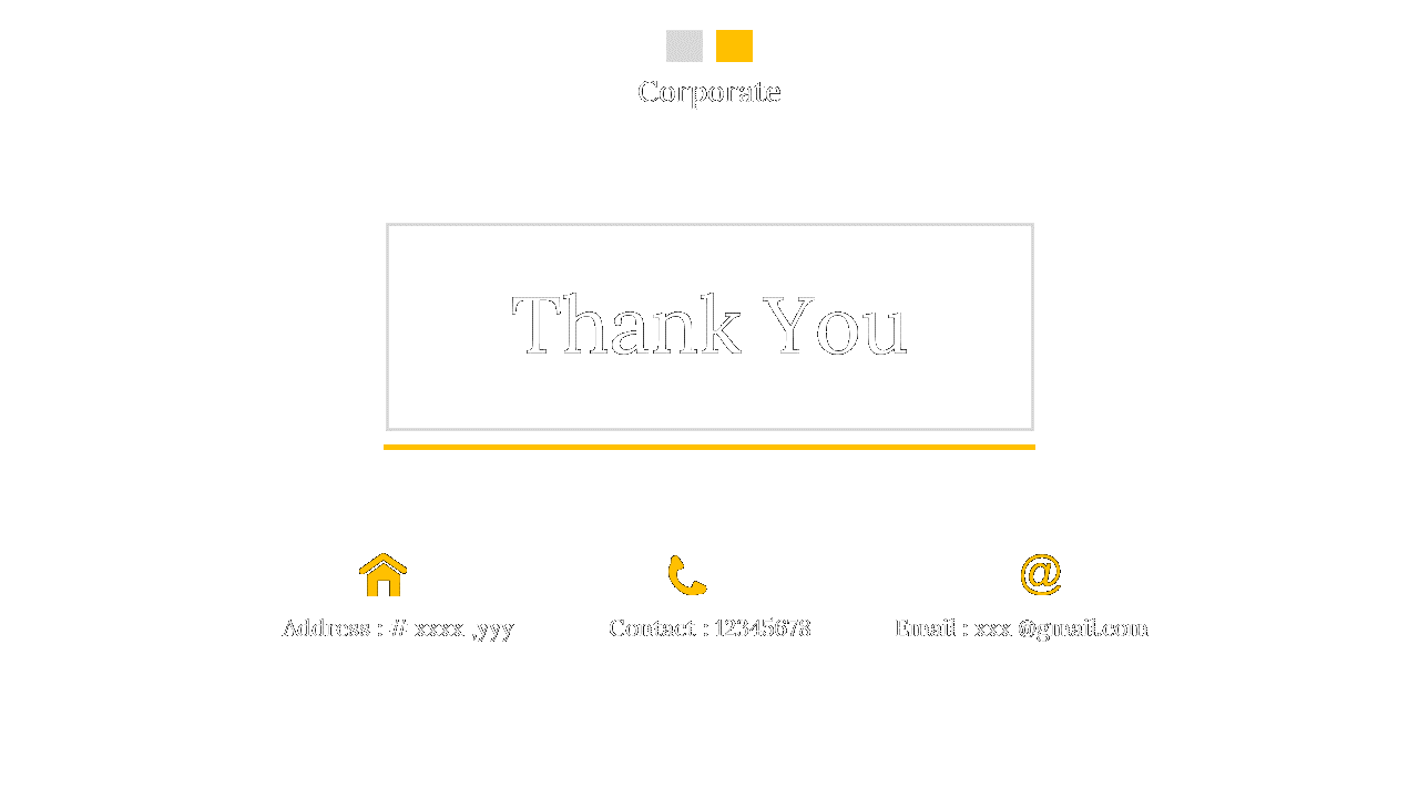 Thank you slide with contact information, including address, phone number, and email with icons.