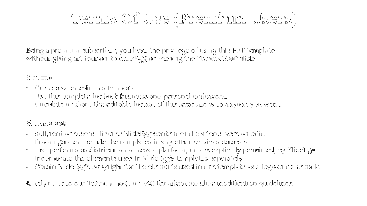 Terms of use for premium SlideEgg users, including the right to use and edit the template without attribution in white theme.