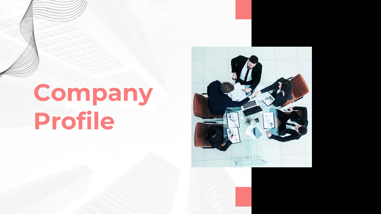 Top down view of a group of professionals working together at a table with papers and laptops, labeled company profile.