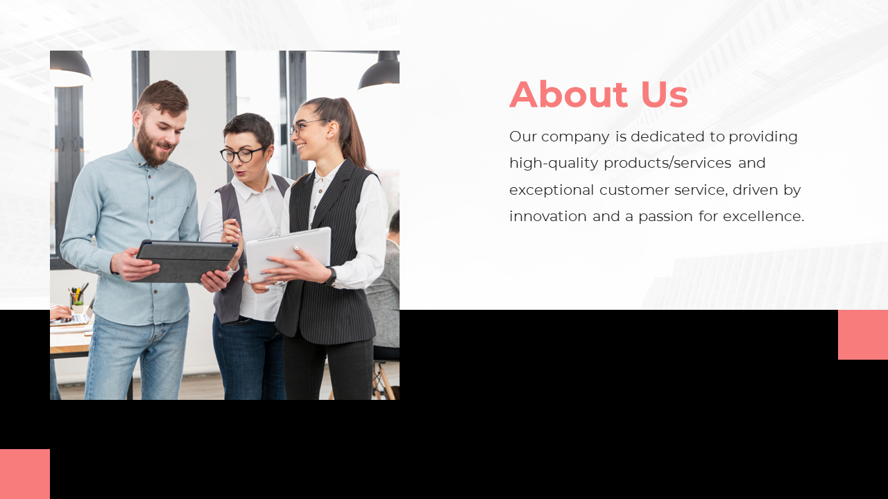 A group of professionals discussing something on a tablet and laptop, with one person holding a tablet, labeled About us.