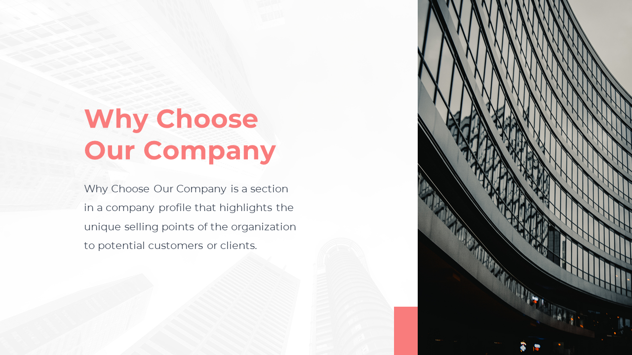 An exterior view of a modern building with reflective glass windows, labeled why choose our company on a white theme.
