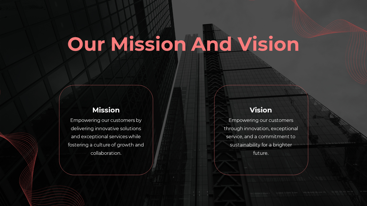 Text boxes labeled mission and vision on a glass building, focusing on growth, collaboration, and a sustainable future.