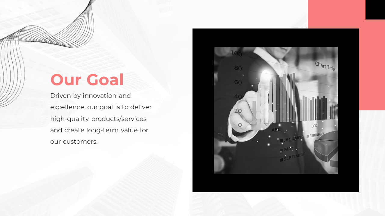 Business professionals use a touchscreen to interact with a graph, representing the company's goal to deliver value.