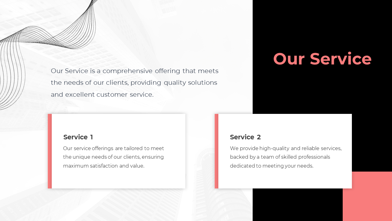 Company service section showcasing two tailored services with descriptions of quality solutions and professional support.