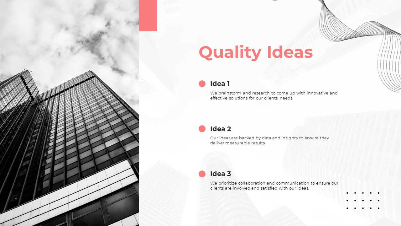 Company's key ideas are presented with bullet points on innovative solutions, data driven insights, and client collaboration.