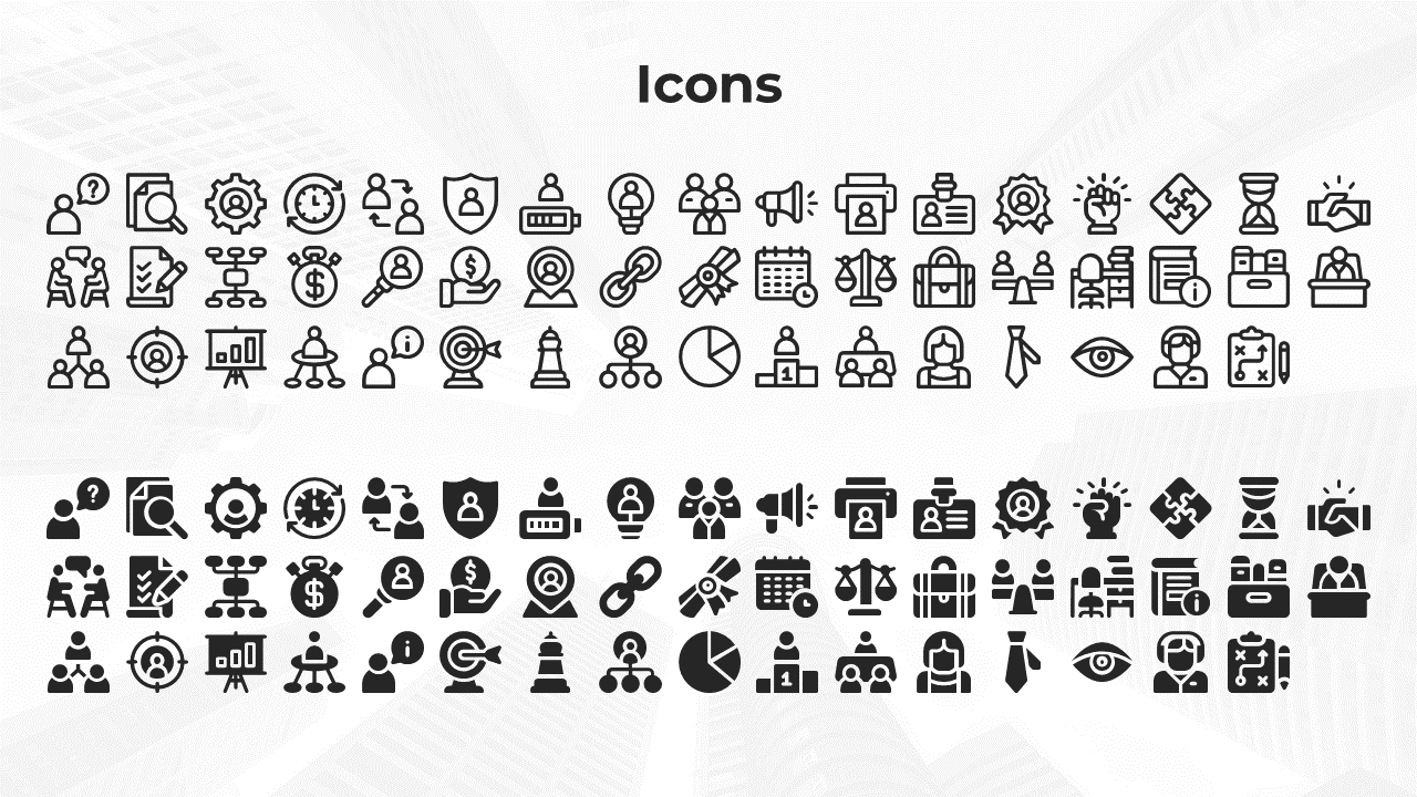 Set of business icons featuring people, gears, dollar signs, calendars, magnifying glasses, and briefcases on a white theme.