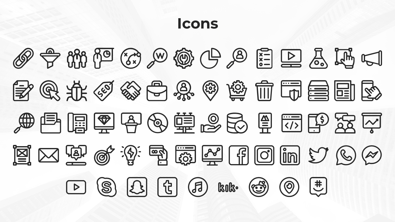 Set of professional icons including social media, magnifying glass, calendar, email, and data security symbols.