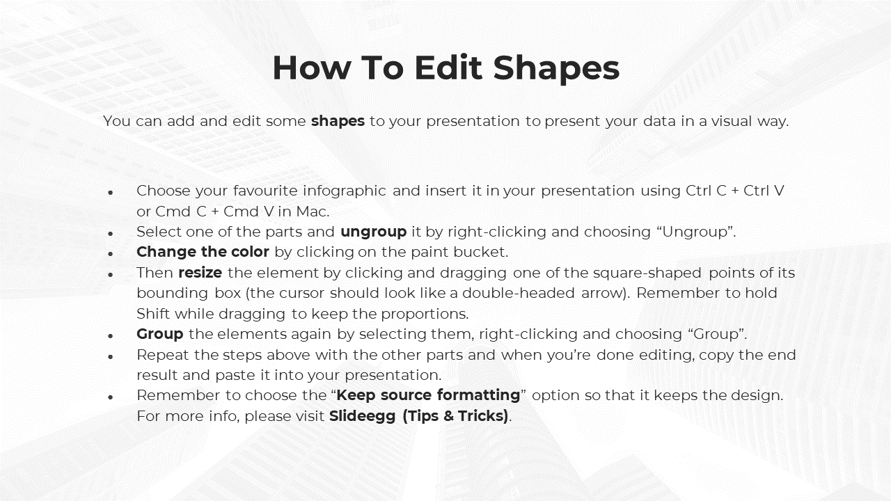 Step by step guide on editing shapes in PowerPoint, covering ungrouping, color change, resizing, and grouping elements.