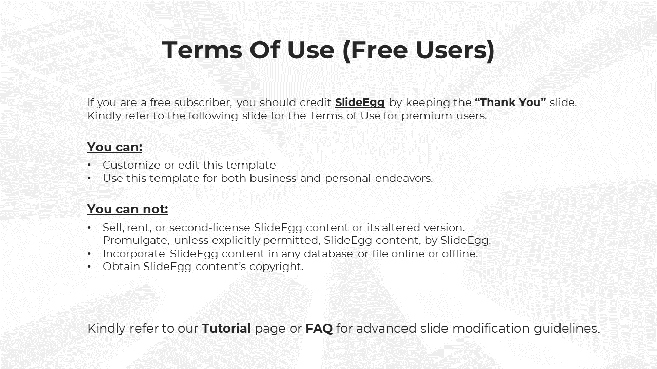 Free user terms for SlideEgg templates, including customization rights and restrictions on resale and licensing.