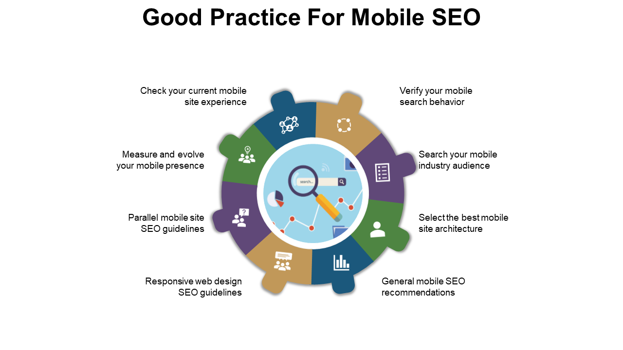 Colorful good practices for mobile SEO, with tips on site circular design with icons on a white backdrop.