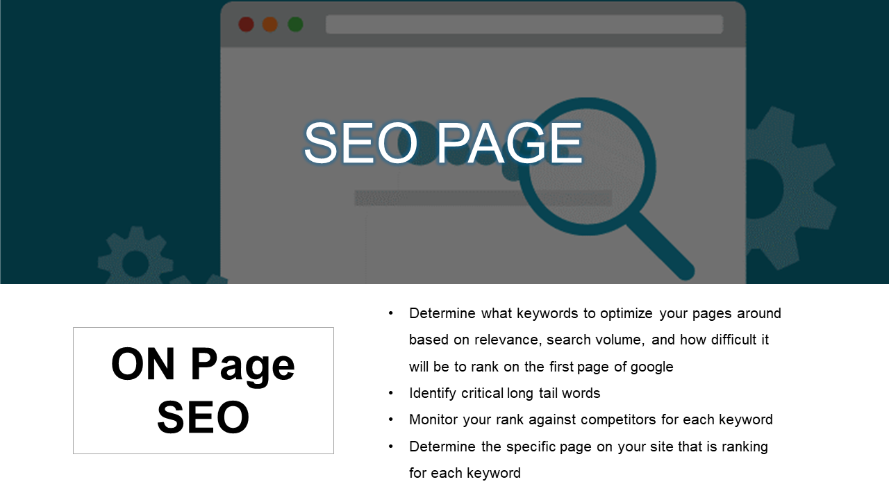SEO page tips infographic with a focus on keyword relevance, long tail keywords, rank tracking, and optimizing pages.