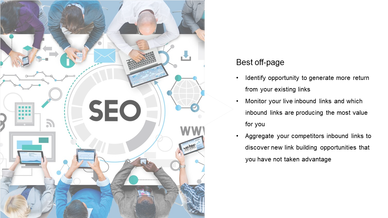 Off page SEO strategy graphic highlighting the importance of monitoring inbound links, generating more value from them.