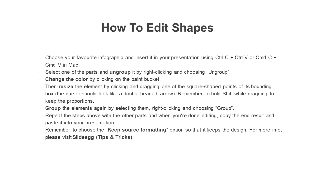 Instructional slide on how to edit shapes in PowerPoint, including steps on ungrouping, resizing, and grouping elements.