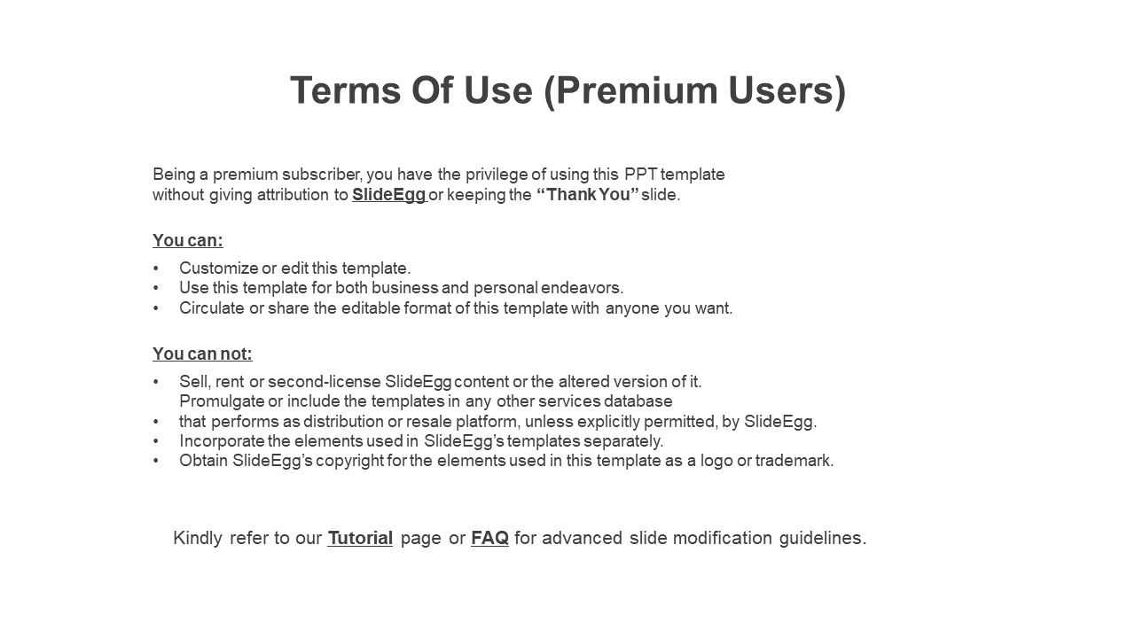 Terms of Use for premium SlideEgg users, detailing the rights to customize and share templates on a white backdrop.