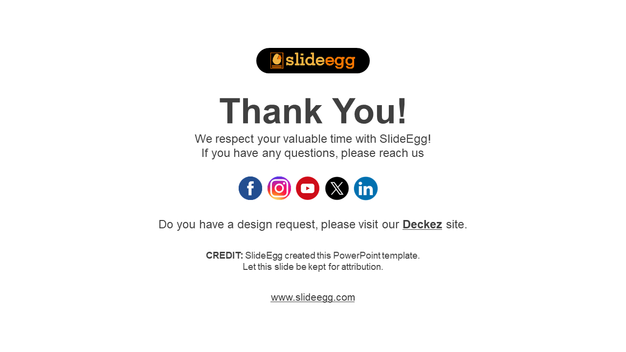 Thank you slide from SlideEgg with social media links and a design request link on a white backdrop.