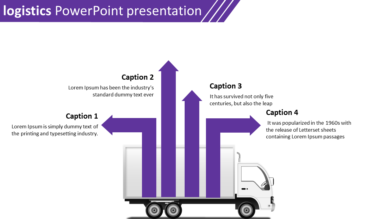 Logistics PowerPoint slide with purple arrows pointing upwards and captions with a truck on a white backdrop.