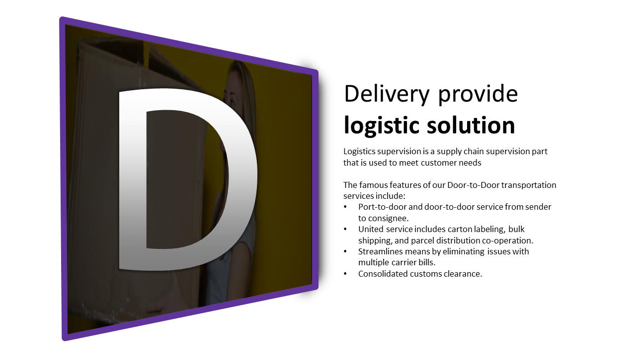 Slide on delivery logistics solutions, featuring text descriptions with a D logo on a white backdrop.
