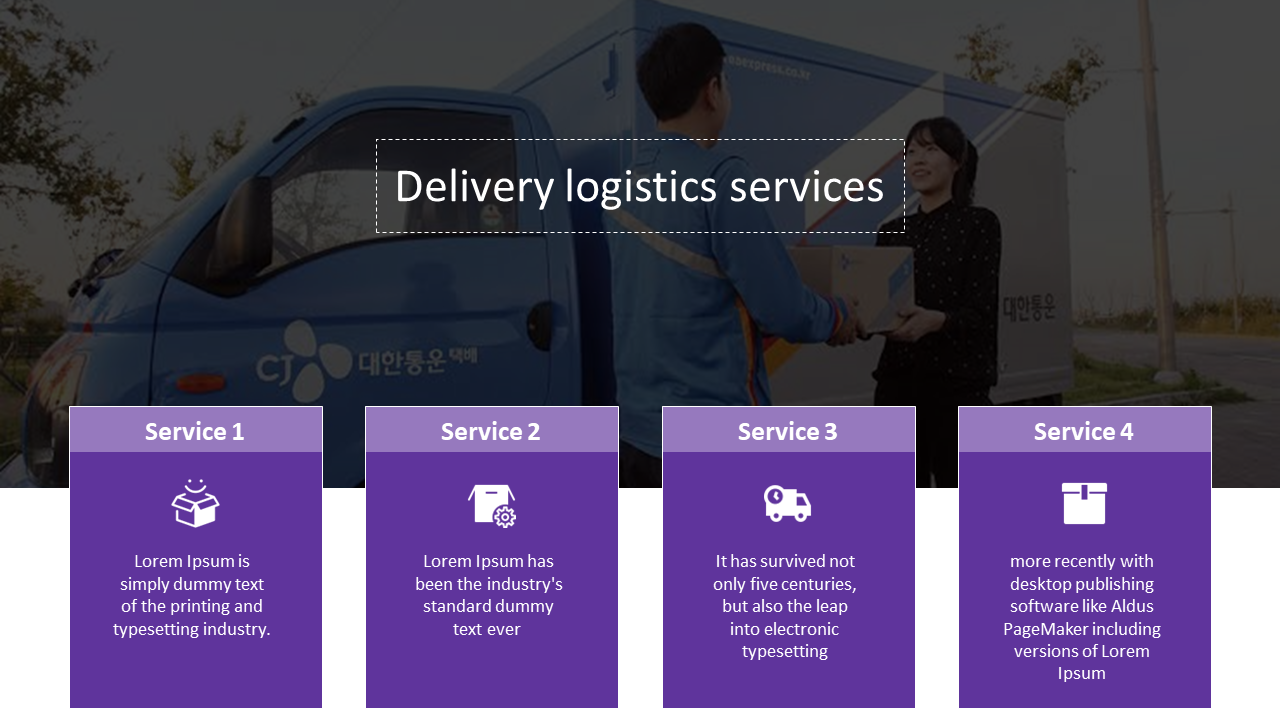 Delivery logistics services slide featuring four services with purple captions alongside an image of a delivery truck.