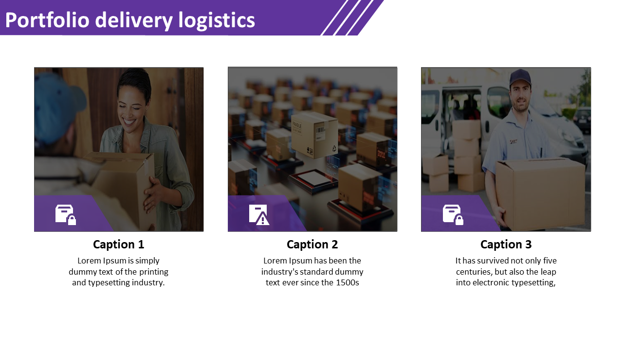 Delivery logistics portfolio slide with three sections and purple captions on a white backdrop.