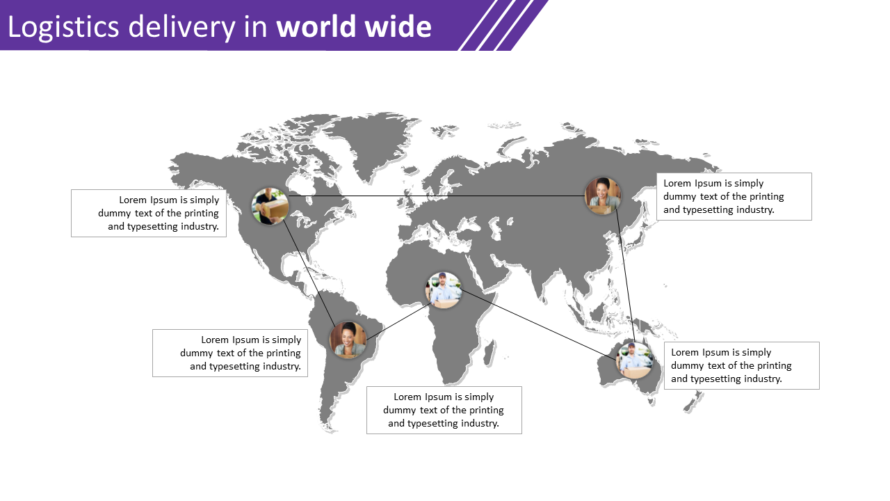 Grey map displaying logistics delivery services across the globe with markers and captions for various locations.