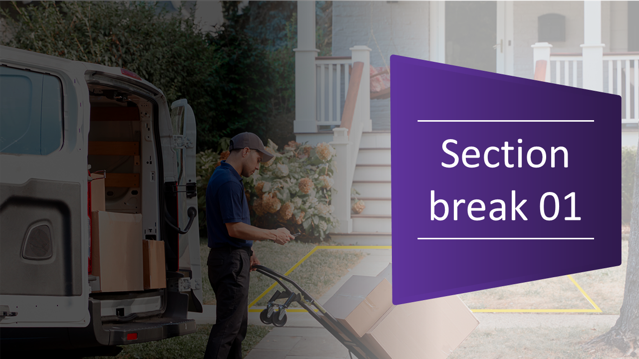 Delivery driver unloading packages from a van, with a section break title in the purple box.