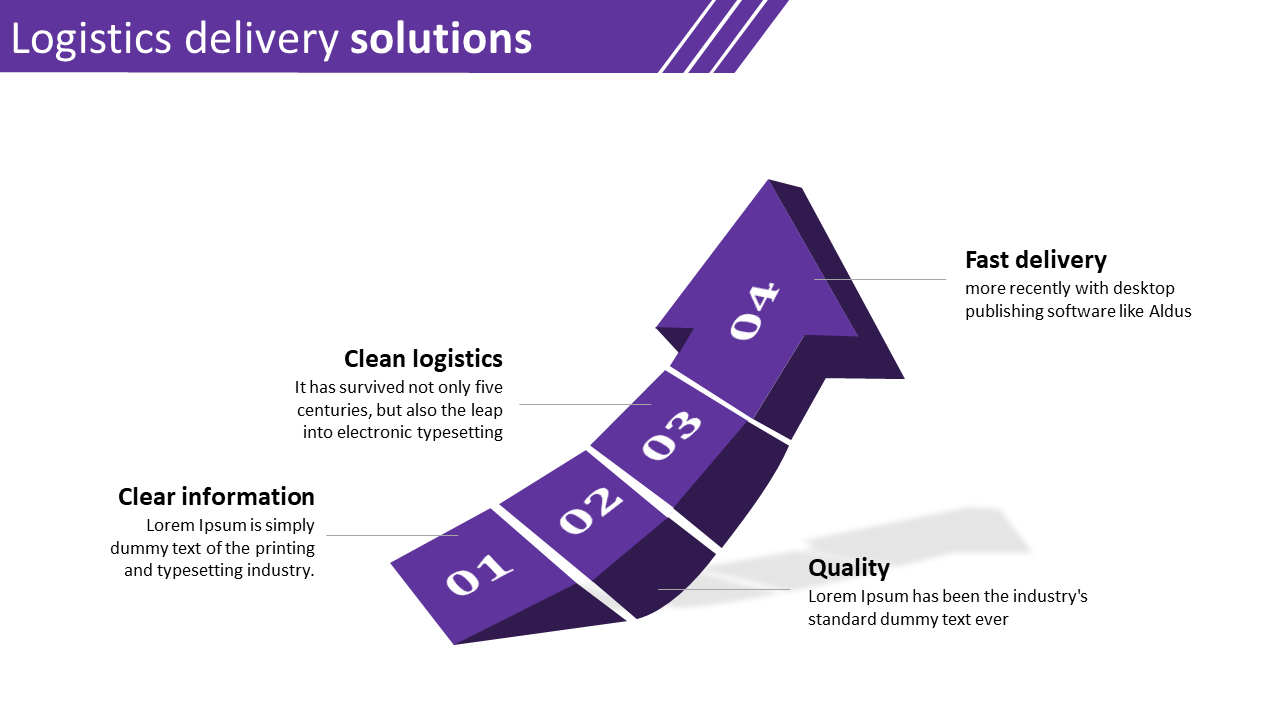 Logistics delivery solutions with a purple upward arrow representing four stages on a white backdrop.