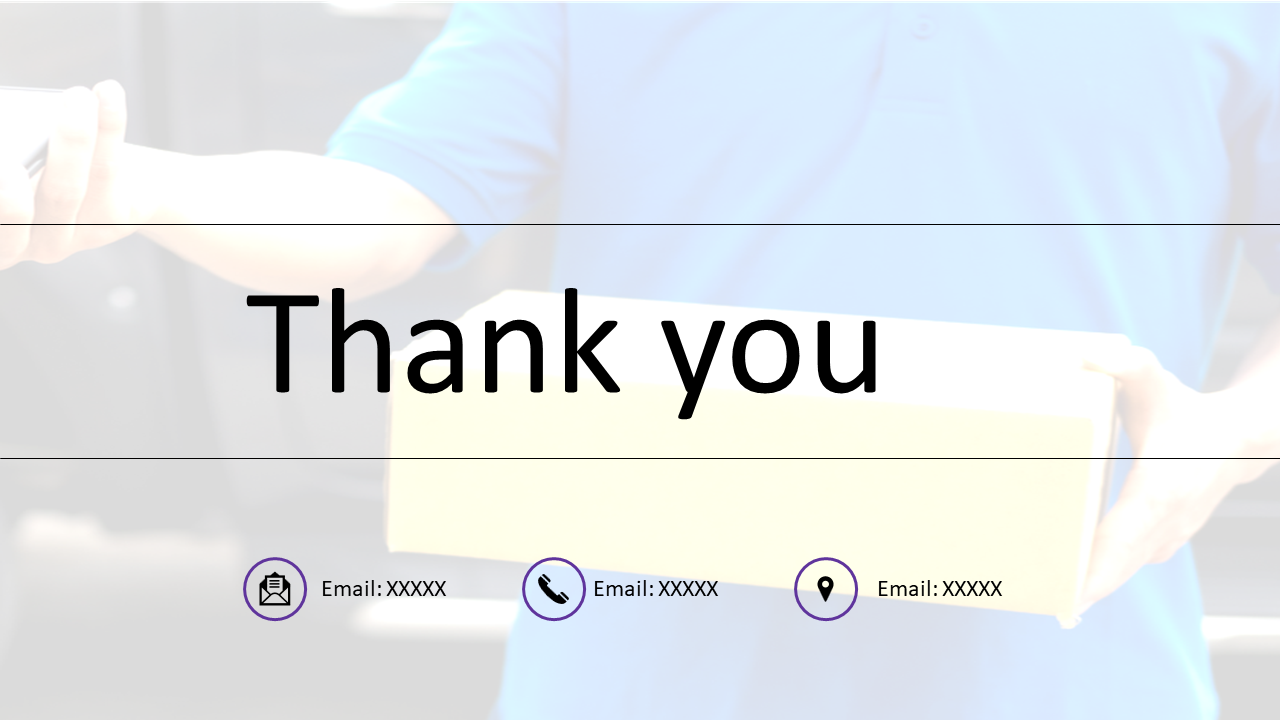 Thank you slide with contact details including email, phone number, and location, featuring a person holding a package.