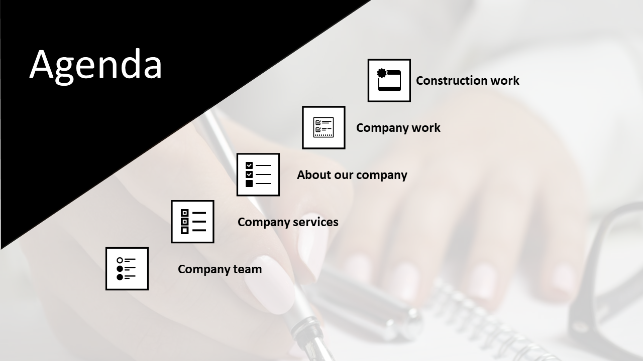 Agenda slide featuring icons for construction work, company work, company services, and company team with icons.