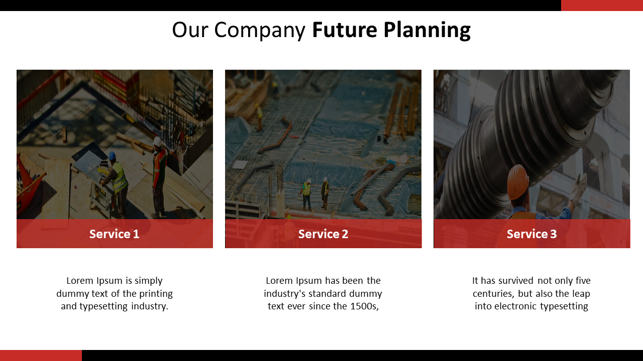 Company future planning with construction workers on site, each service accompanied by a lorem ipsum description text.