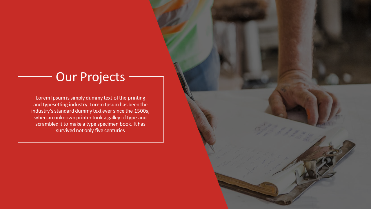 A red background with a close up of a person writing in a notebook, accompanied by our project title and placeholder text.