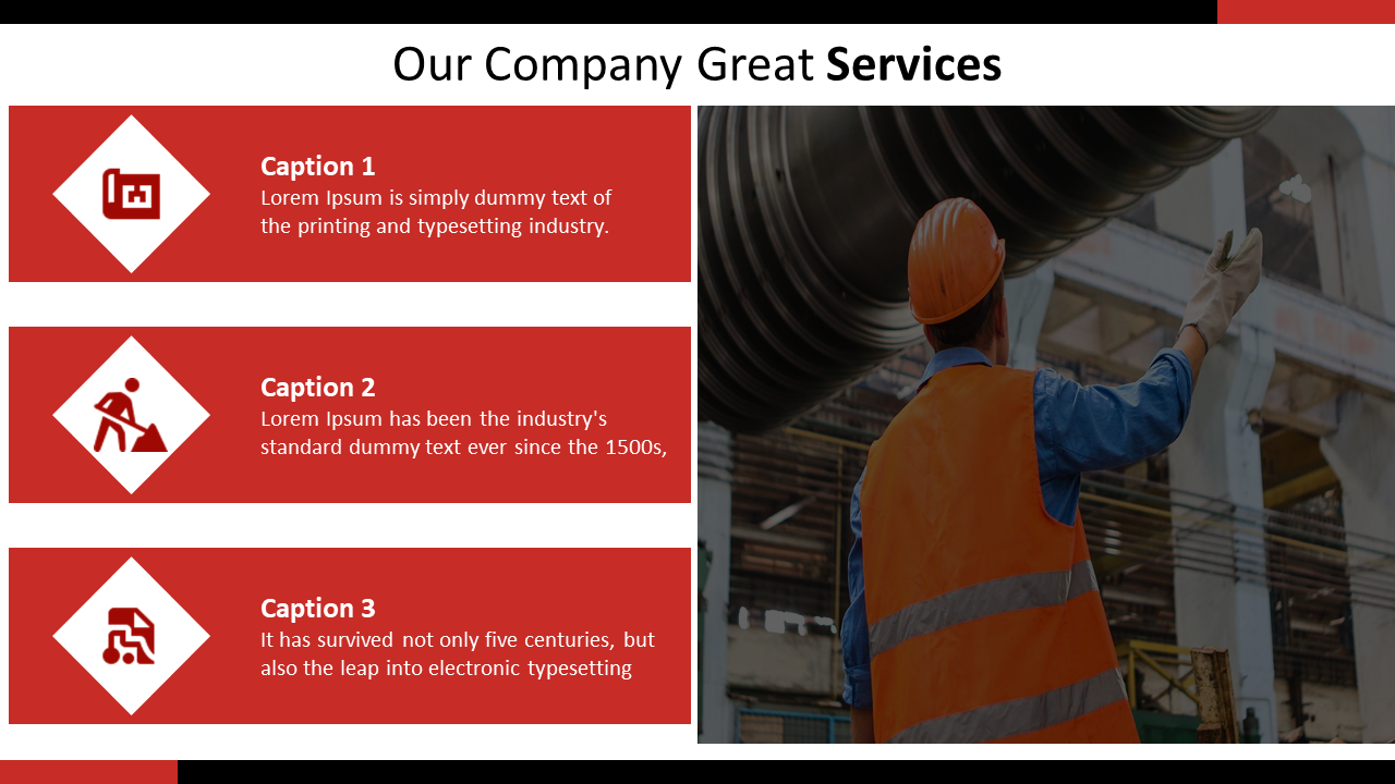 Red and white layout featuring the title our company great services and three service descriptions with icons.