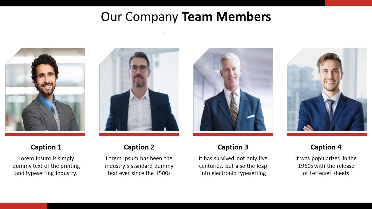 Group of four employees in business suits with captions under each one, describing their professional background.